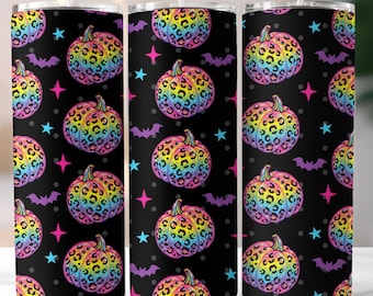 Rainbow Leopard Pumpkin 20 oz Seamless Tumbler Wrap PNG, Halloween Sublimation Design, Skinny Tumbler DTF Digital Download