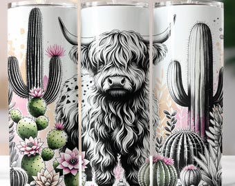 Boho Highland Cow Tumbler Wrap: Desert Cactus Design (Digital Download)