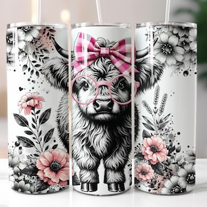 Pink Coquette Highland Cow 20oz Skinny Tumbler Wrap Cute Coquette Cow Straight And Tapered Seamless Tumbler Sublimation Floral Tumbler Wrap