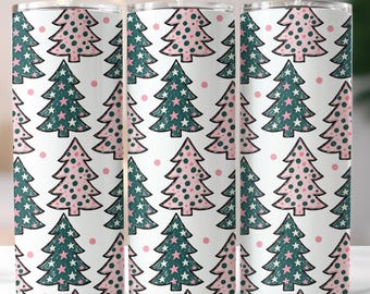 Preppy Pink Christmas Tree 20 oz Tumbler Wrap PNG Christmas Sublimation Design Instant Download