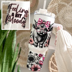 May include: White stainless steel tumbler with a black and white Highland cow wearing pink glasses and a pink and white gingham bow. The tumbler has a black handle and a pink floral design. The text "Feeling a bit Moody" is printed on the tumbler.