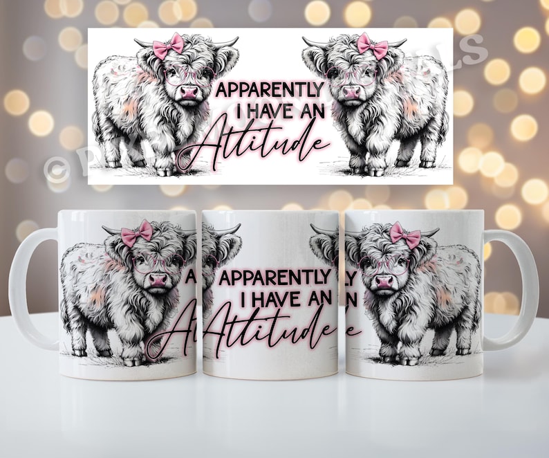 May include: White ceramic mug with a black and white illustration of a Highland cow with a pink bow. The text "Apparently I have an attitude" is printed in pink on the mug.