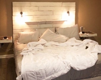 Beautiful Tall white reclaimed wood wall farmhouse headboard