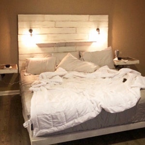 Beautiful Tall white reclaimed wood wall farmhouse headboard