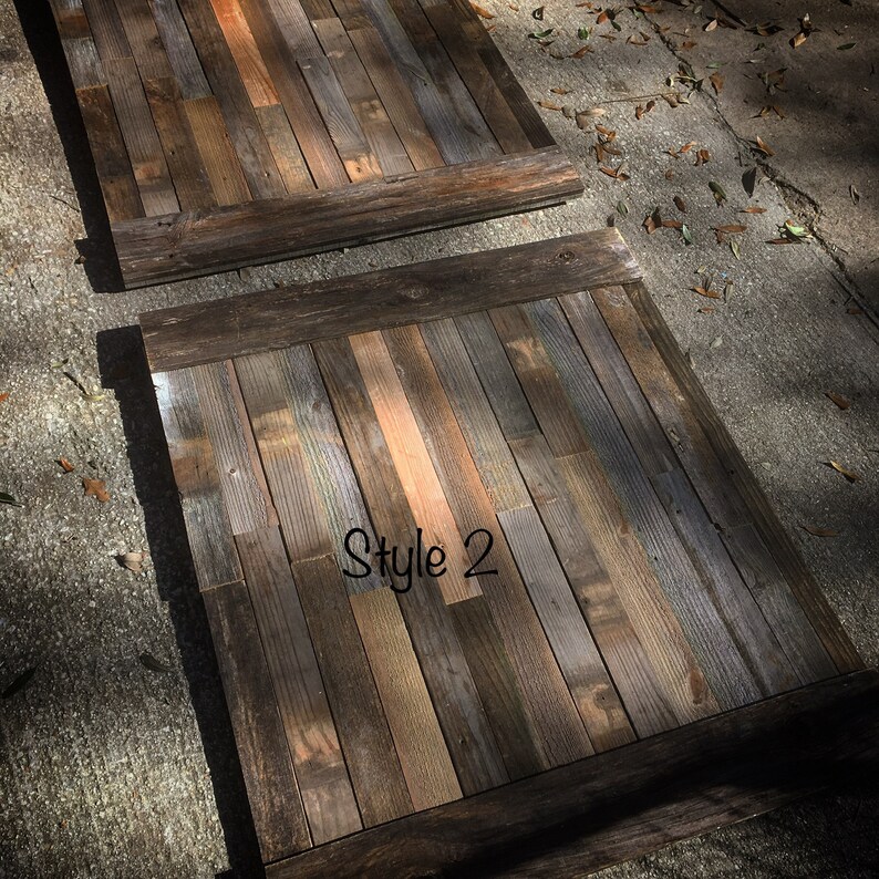 May include: Two rectangular wooden panels with a rustic, weathered appearance. The panels are constructed from various shades of brown, gray, and orange wood planks. The text "Style 2" is written on one of the panels.