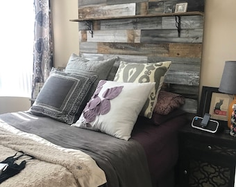 Grey Reclaimed headboard with shelf farmhouse country barnwood distressed king queen full twin plank wall grey washed