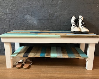 Reclaimed wood coastal shoe rack bench in beach colors