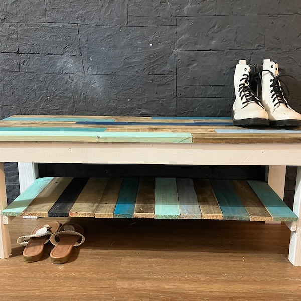 Reclaimed wood coastal shoe rack bench