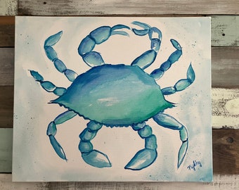 Crabe aux tons bleus peint à la main sur toile