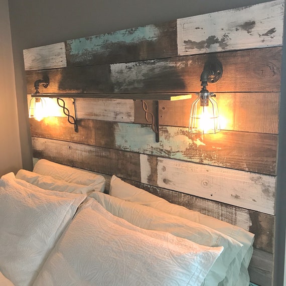 Farmhouse Rustic Chippy Paint Cottage Whitewashed Grey Blue Headboard Bed Distressed Wood King Queen Full Twin Lights