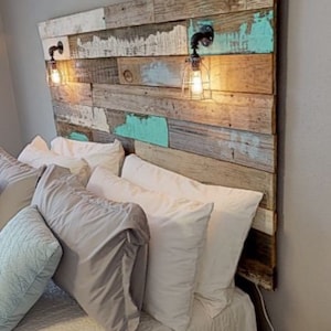 Farmhouse Rustic chippy paint cottage whitewashed grey blue headboard bed distressed wood king queen full twin lights image 9