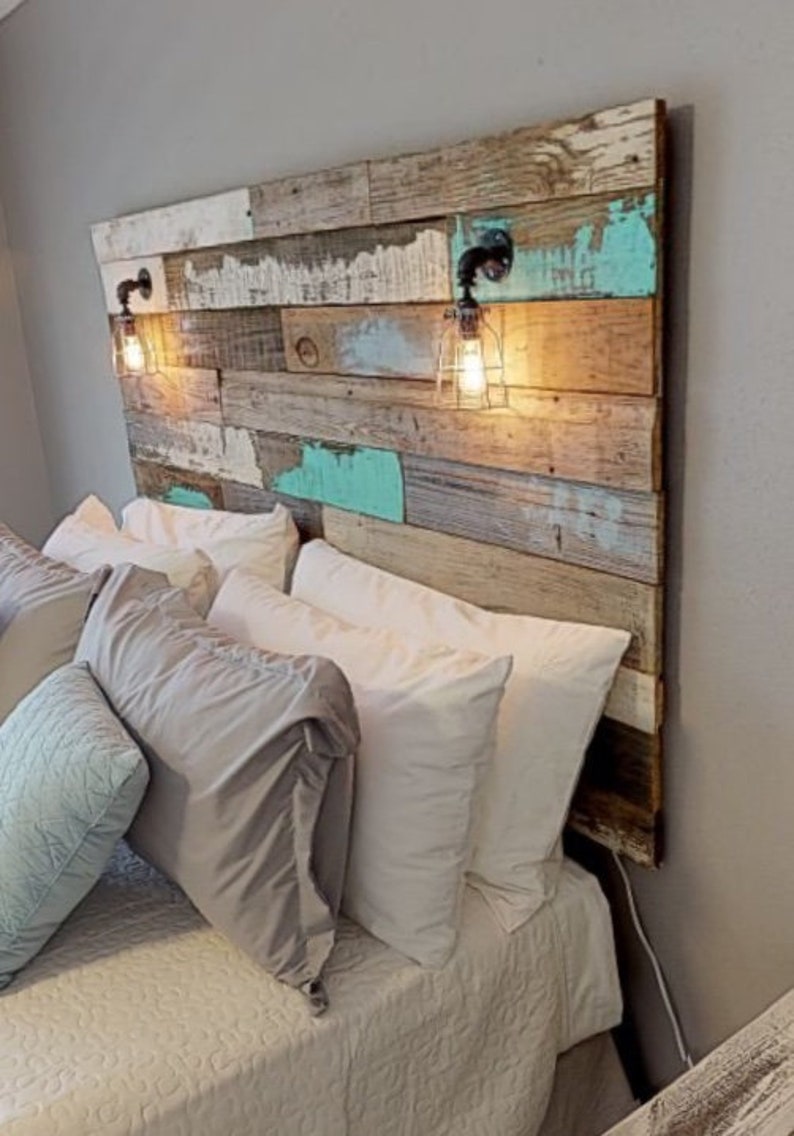 Farmhouse Rustic chippy paint cottage whitewashed grey blue headboard bed distressed wood king queen full twin lights image 9