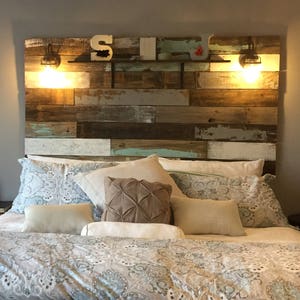 Farmhouse Rustic chippy paint cottage whitewashed grey blue headboard bed distressed wood king queen full twin lights image 4