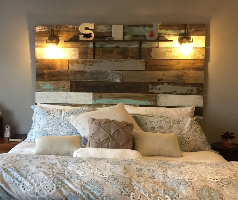 Farmhouse Rustic chippy paint cottage whitewashed grey blue headboard bed distressed wood king queen full twin lights image 4