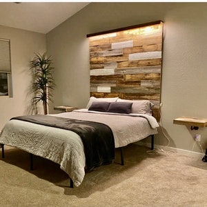 Tall wall headboard reclaimed modern rustic wood king queen with lightbar