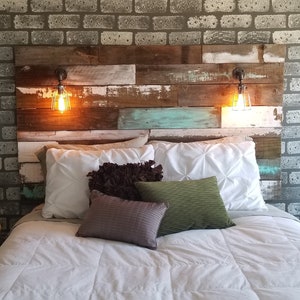 Farmhouse Rustic chippy paint cottage whitewashed grey blue headboard bed distressed wood king queen full twin lights image 7