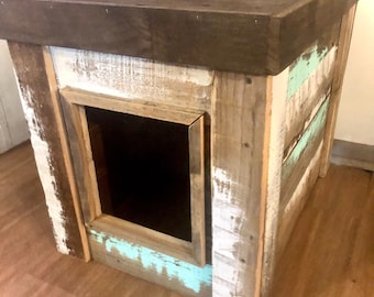 Farmhouse rustic chippy paint Cat litter box bench doghouse