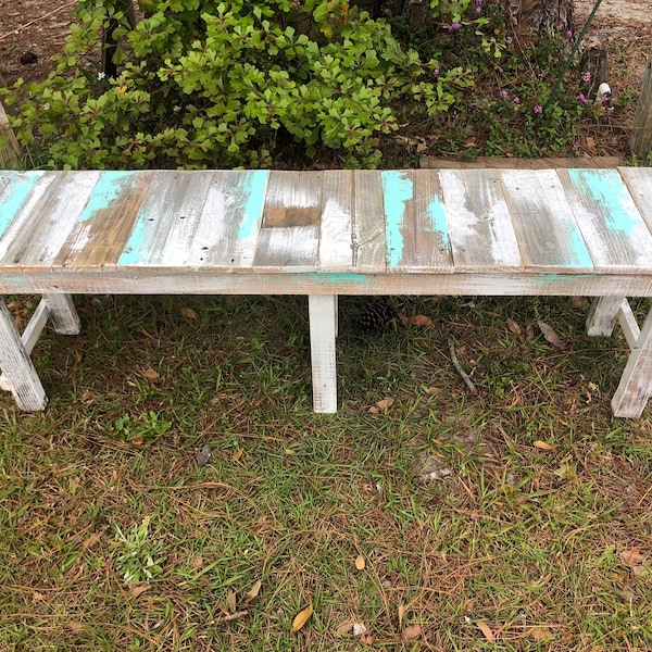 Beautiful coastal reclaimed wood hand painted bench with turquoise and white