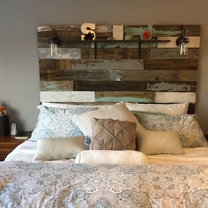 Farmhouse Rustic chippy paint cottage whitewashed grey blue headboard bed distressed wood king queen full twin lights image 3