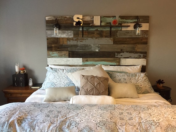 Farmhouse Rustic Chippy Paint Cottage Whitewashed Grey Blue Headboard Bed Distressed Wood King Queen Full Twin Lights