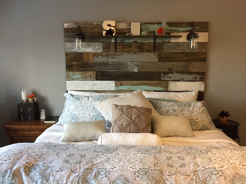 Farmhouse Rustic chippy paint cottage whitewashed grey blue headboard bed distressed wood king queen full twin lights image 3