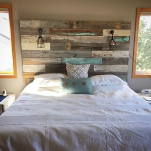 Farmhouse Rustic chippy paint cottage whitewashed grey blue headboard bed distressed wood king queen full twin lights