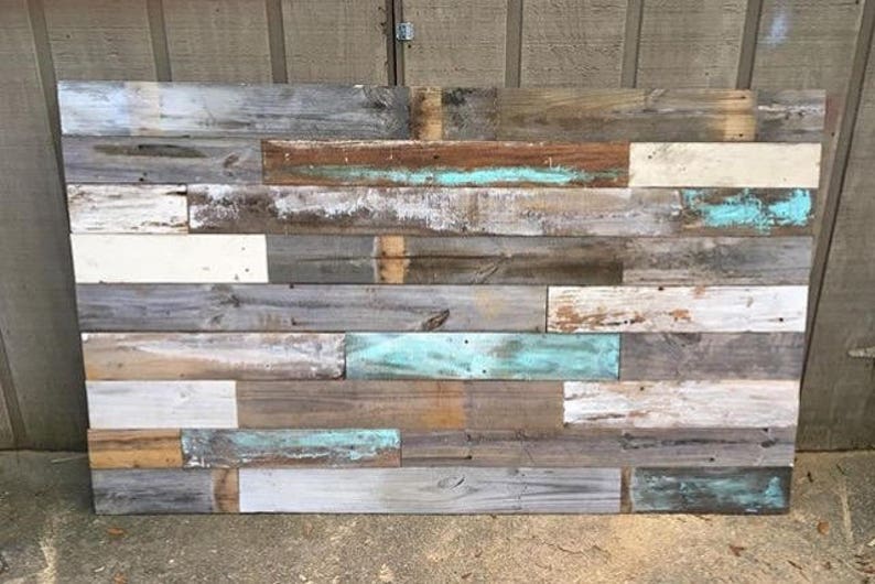 Farmhouse Rustic chippy paint cottage whitewashed grey blue headboard bed distressed wood king queen full twin lights image 2