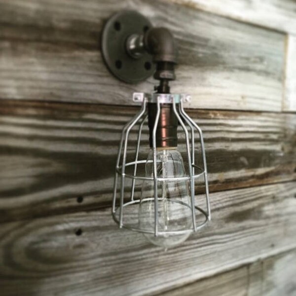 Plug in Industrial pipe loft style cagelights sconce sconces plug in with switch Edison bulb metal rustic farmhouse