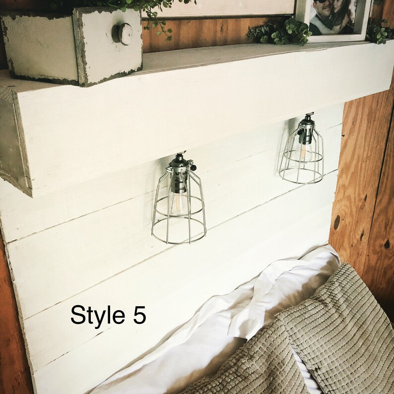 May include: White wooden headboard with two metal cage pendant lights. The headboard has a rustic, farmhouse style. The text "Style 5" is visible on the headboard.