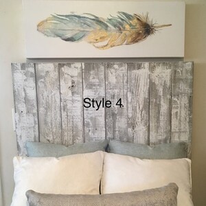 May include: A bedroom scene featuring a headboard with a distressed, weathered wood finish. Above the headboard is a canvas print of a feather in shades of blue, green, and gold. The text "Style 4" is printed on the headboard.
