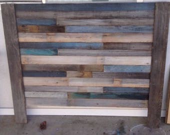 Blue Reclaimed Wood headboard distressed farmhouse coastal driftwood nautical turquoise custom painted beachhouse king queen full twin
