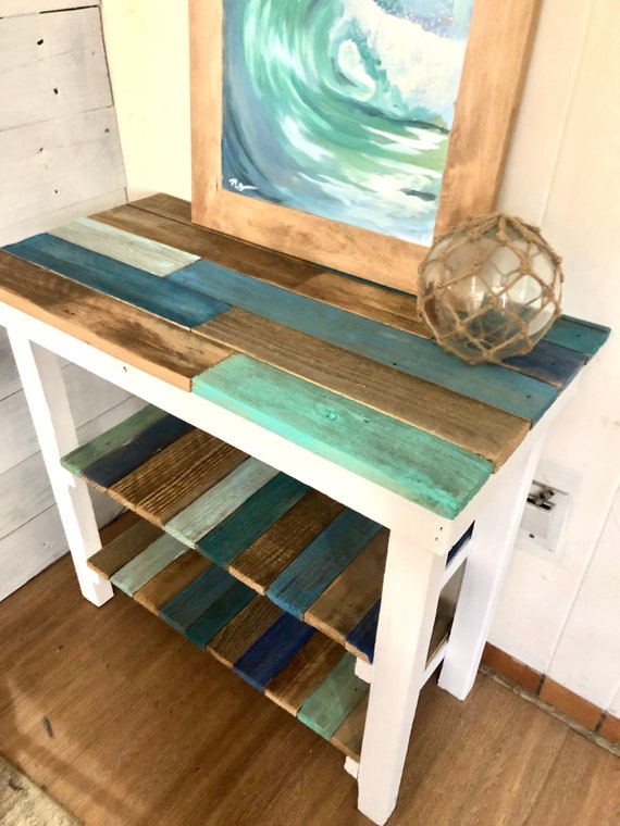 Hand painted three shelved Beautiful farmhouse Coastal Table made for entryway sofa table or nightstand in blues wine cart bathroom storage