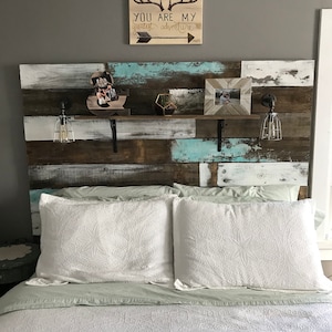 Farmhouse Rustic chippy paint cottage whitewashed grey blue headboard bed distressed wood king queen full twin lights image 6