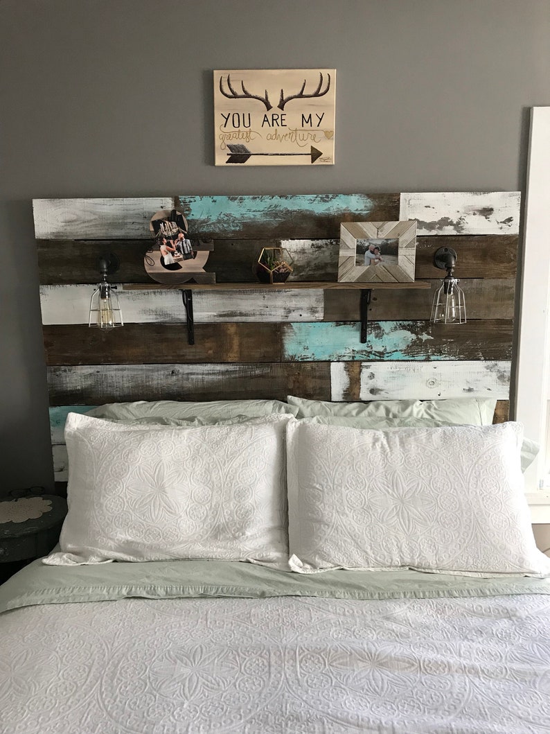 Farmhouse Rustic chippy paint cottage whitewashed grey blue headboard bed distressed wood king queen full twin lights image 6