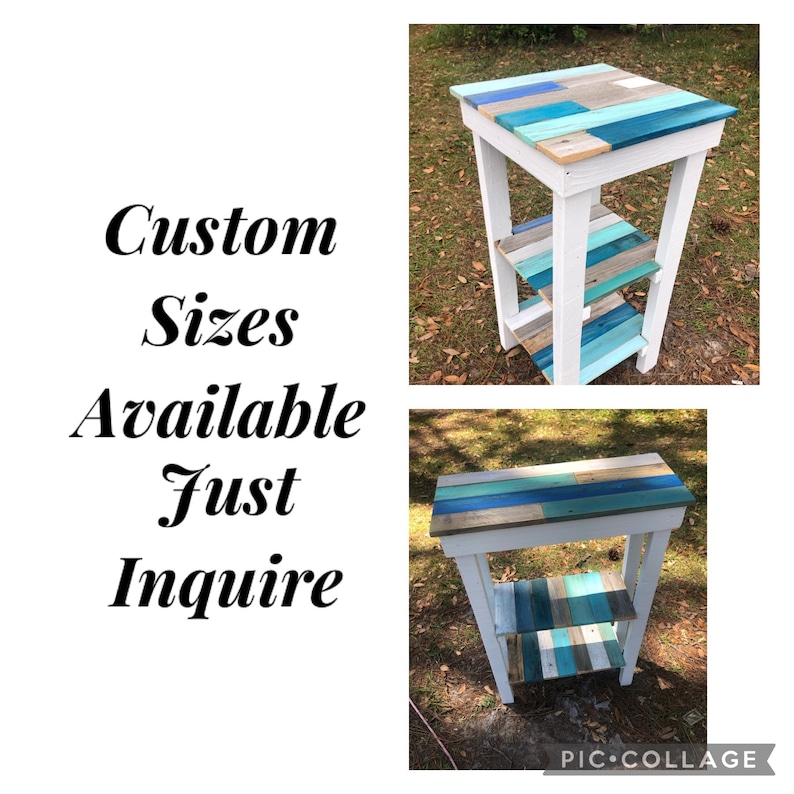 May include: A white wooden side table with three shelves. The top shelf and shelves are painted in shades of blue and green. The text "Custom Sizes Available Just Inquire" is visible in the image.