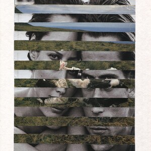 May include: A collage of two people's faces, with a bird and grass in between. The image is made up of horizontal strips of different images.