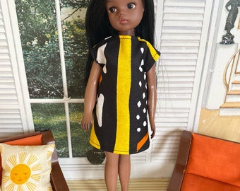 African Print minidress for Sindy and friends. (Yellow stripe.)