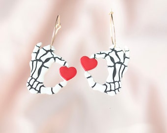 Love Unhinged Skeleton Hand with Heart | Polymer Clay Earrings