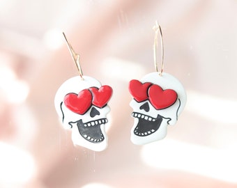 Love Unhinged Skull with Heart Eyes | Polymer Clay Earrings