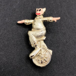 Vintage Clown Riding Unicycle Pin Brooch Circus Clown