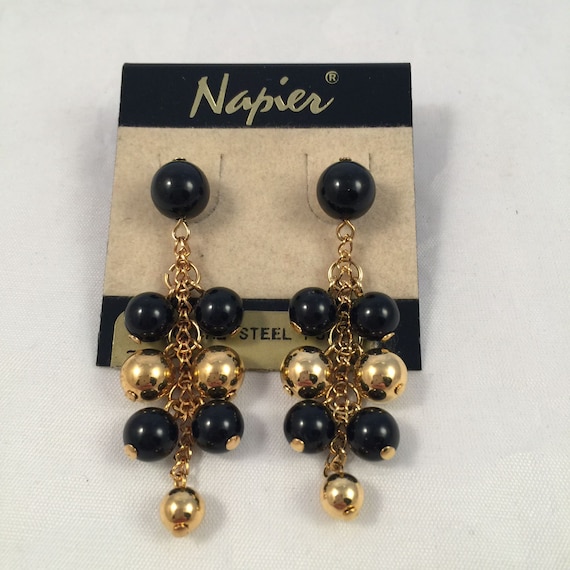 Vintage Napier Gold Black Drop Pierced Formal Earrings