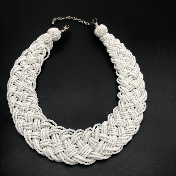 Seed Bead Necklace, Twisted Braided Strand, White Col… Gem