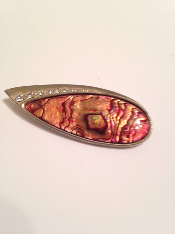 Abalone Shell Honey Gold Pin  Brooch Rhinestones - image 2