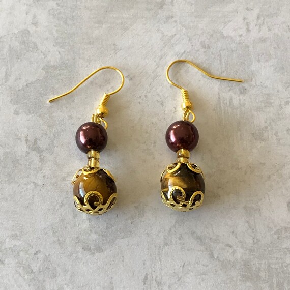 Tiger Eye Earrings Gemstone Earrings Brown Honey Gold Tigereye Earrings Tiger Eye Gemstone Earrings Tiger Eye Gold Dangle Earrings