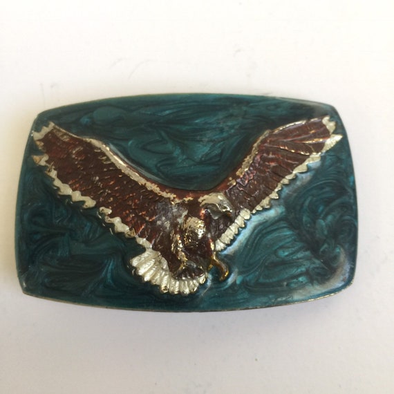 Vintage Brass Belt Buckle Eagle Enamel 1976 - Etsy display picture 1
