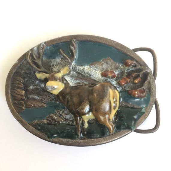 Vintage Brass Belt Buckle Deer Buck Enamel Bergamo