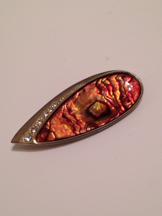 Abalone Shell Honey Gold Pin  Brooch Rhinestones - image 1