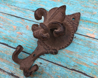 Vintage Fleur De Lis abrigo gancho percha Ornamental Cast Iron Hook Hardware