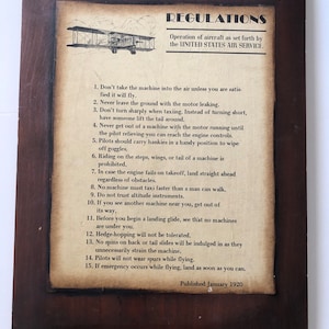 Antique 1920 Airplane Flight Rules Planes Wall Decor Interior Design WWI