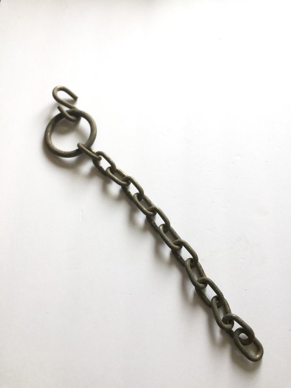 Antique Wrought Iron Hook on Length of Chain Beam Iron Ring 24" Inches Long 
